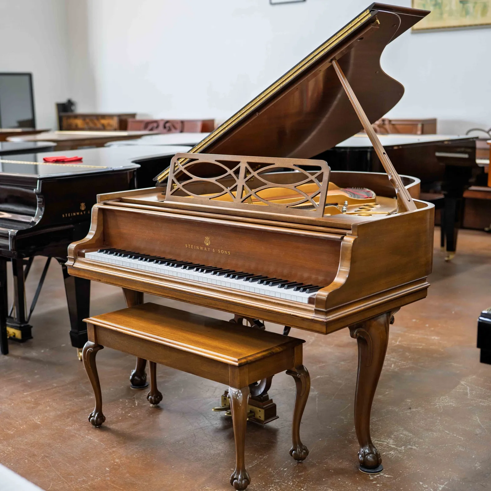 steinway sons model m grand piano chippendale design walnut satin finish
